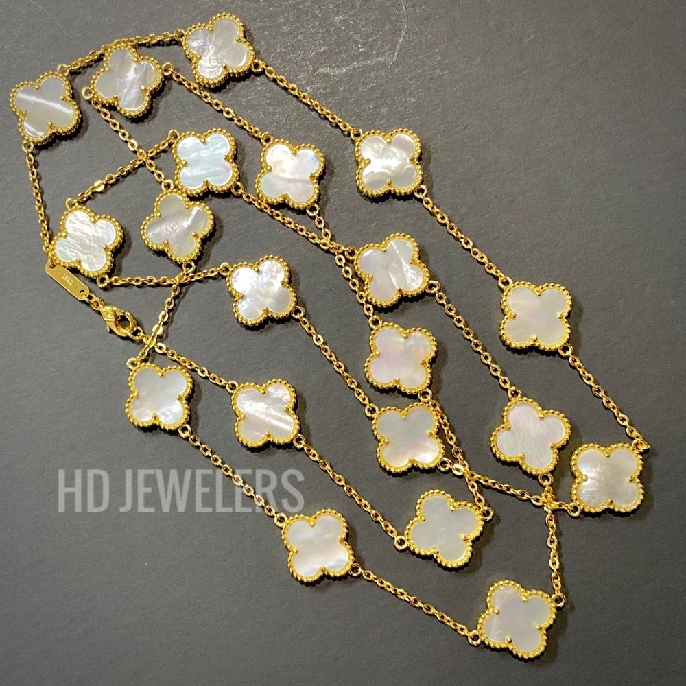 Clover Design White Mother Of Pearl Long 32” Necklace